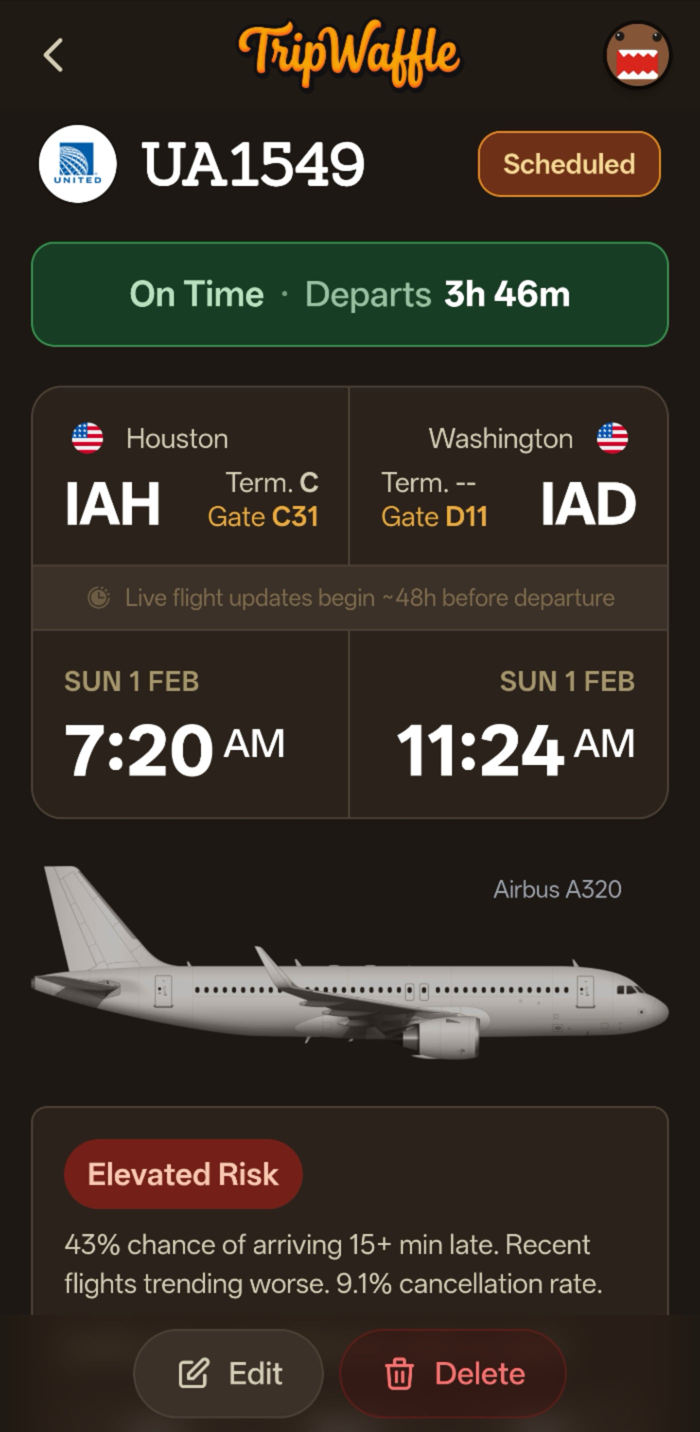 TripWaffle flight details with gate info, reliability score, and real-time status