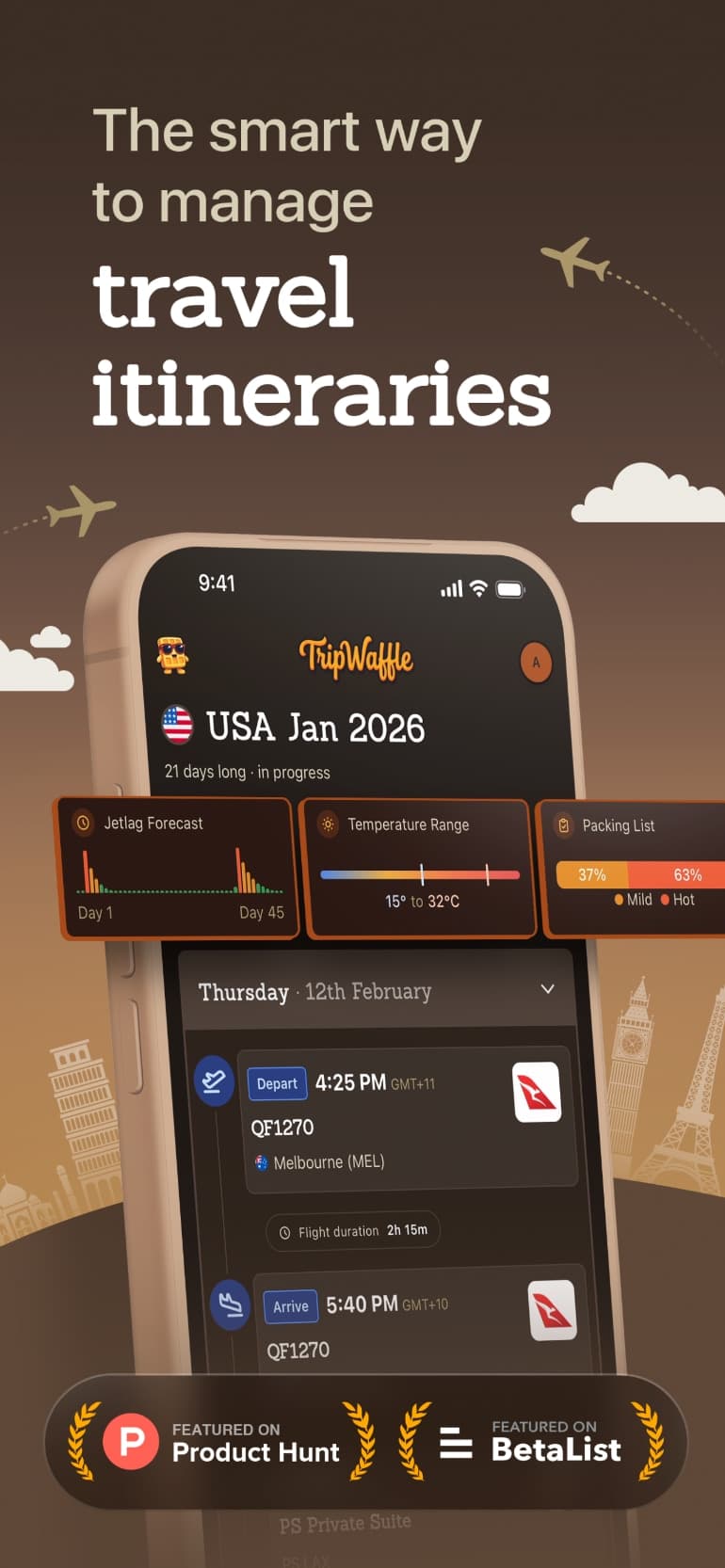 TripWaffle - Trip timeline showing flights, hotels, and activities organized by day