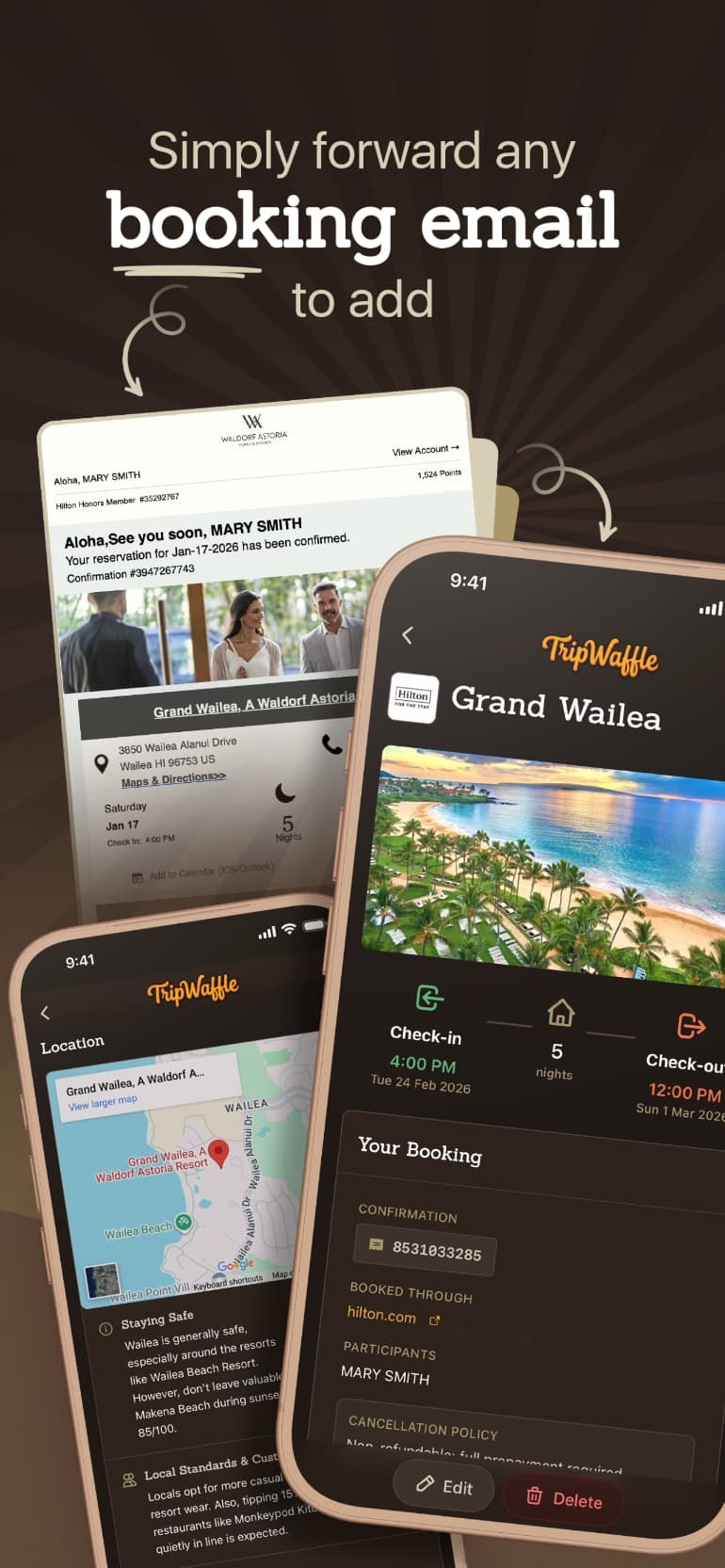 TripWaffle - Flight details with gate info, reliability score, and real-time status