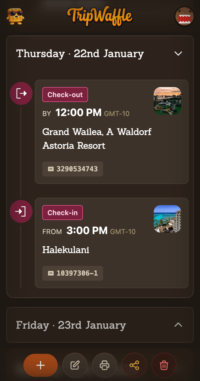 TripWaffle trip timeline showing flights, hotels, and activities organized by day